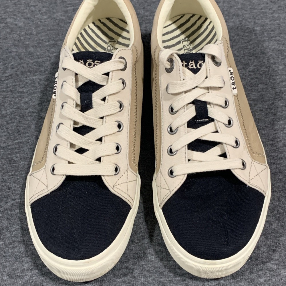 Taos Plim Soul Women's 9.5 Canvas Sneakers Tan Cream Black Low Top Shoes - Picture 4 of 8